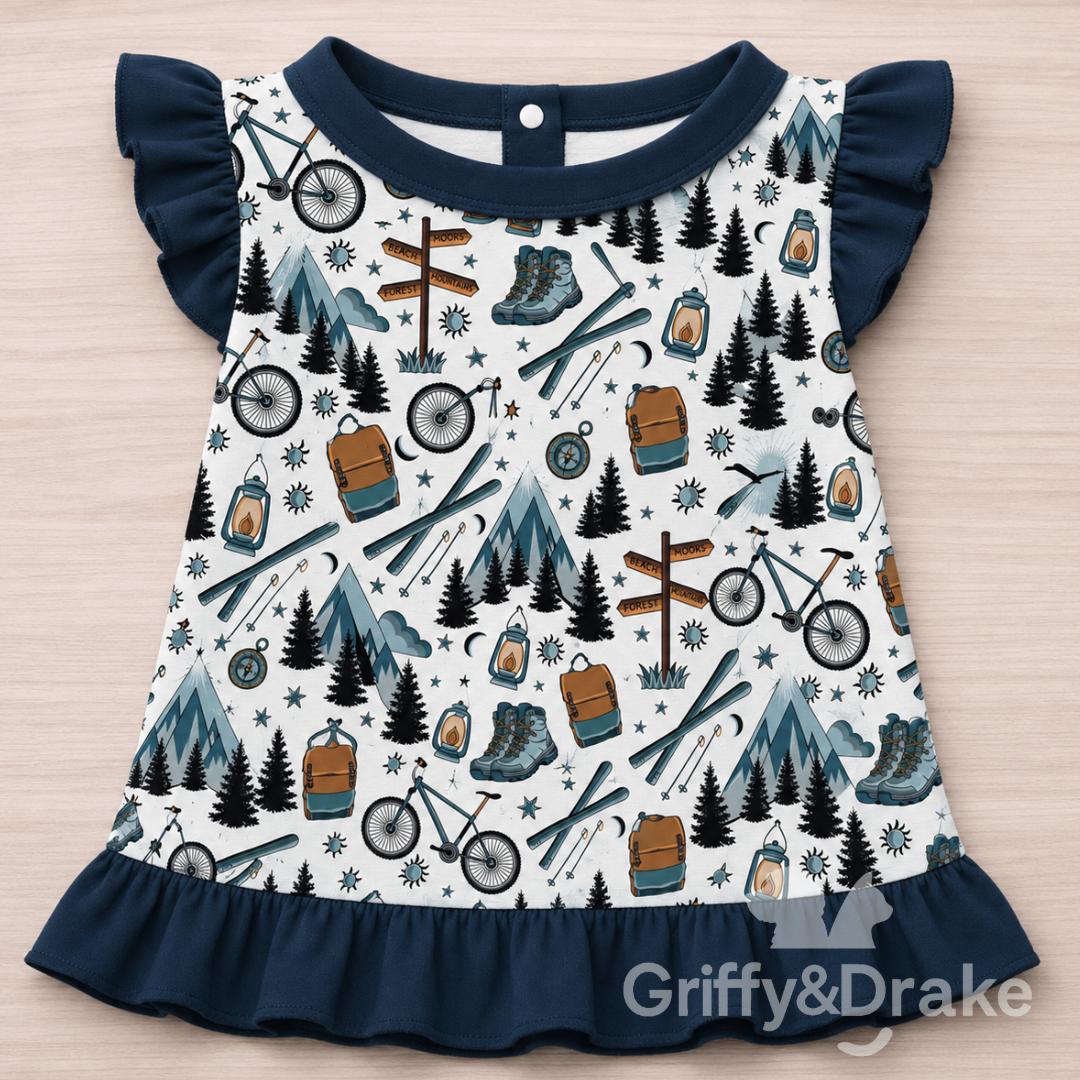 Dog Ruffle Shirt — Adventure Awaits Outdoor Print, XL