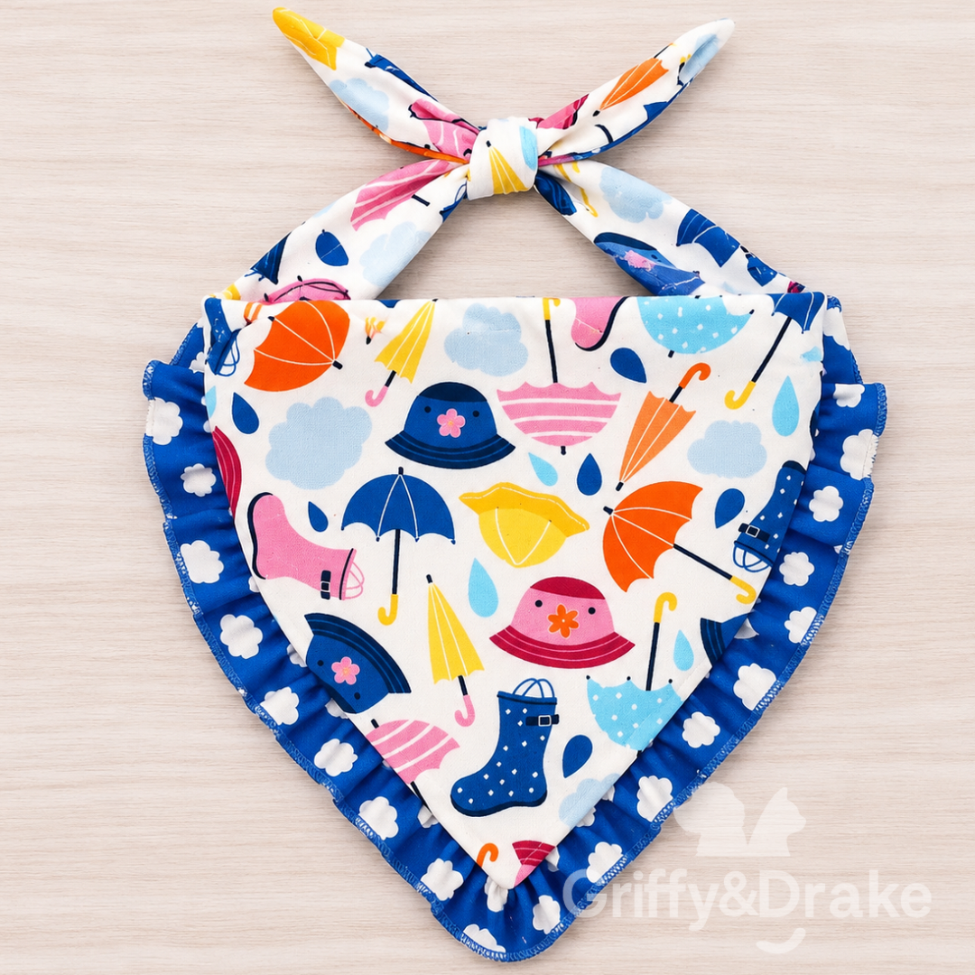Dog Ruffle Bandana — Paws for Puddles Rain Print, Medium